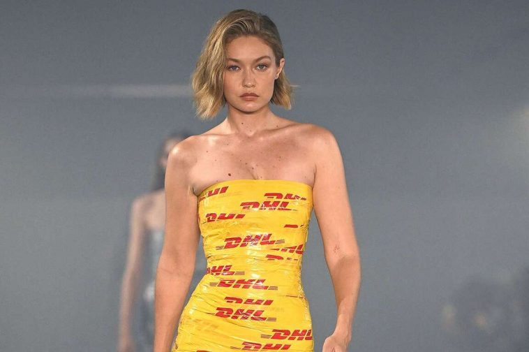 Gigi Hadid On Vetements Runway Wearing Dhl Packing Tape